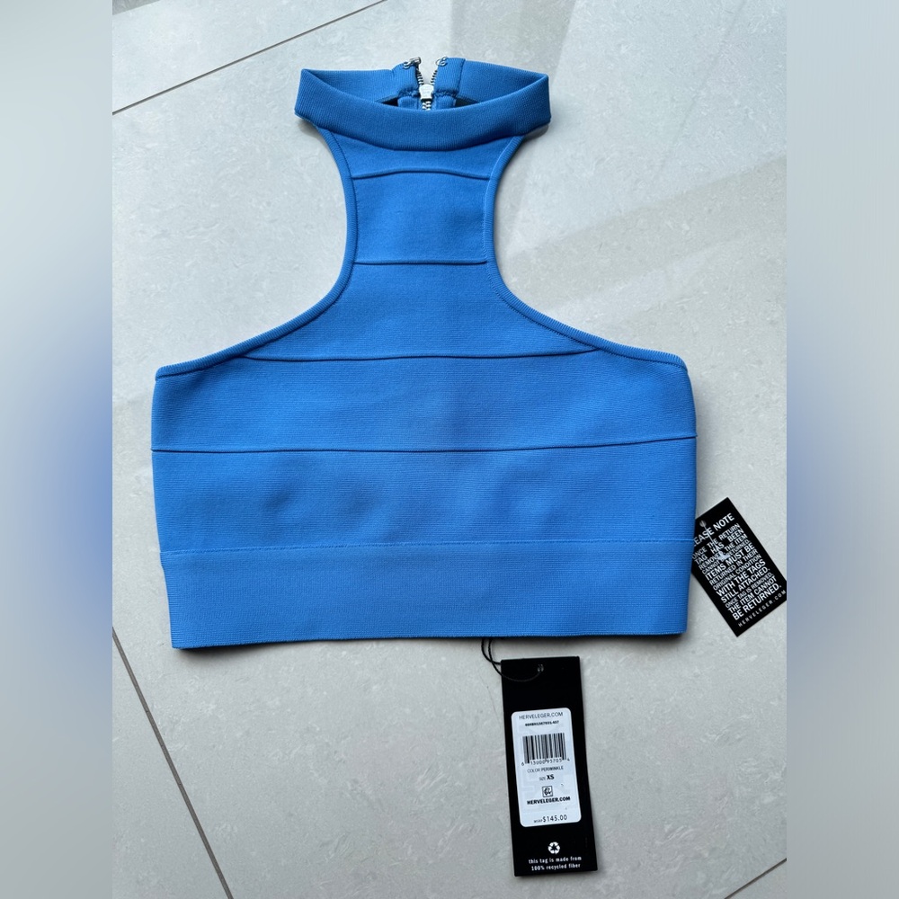 HERVÉ BY HERVE LEGER Women Halter Neck Open Back Cropped Tank Top Blue XS NEW